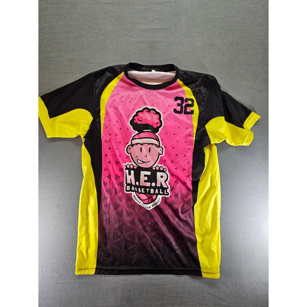 HER Basketball Jersey Shirt Pink Yellow Black Graphic Tee K. Davis-Henrich 32 L